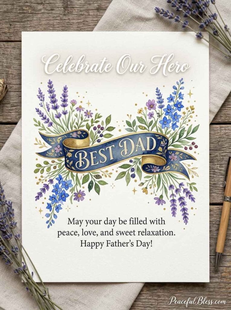 A clean watercolor flat lay of a 'Best Dad' ribbon banner surrounded by delicate gold stars and lavender sprigs on a warm ivory background.