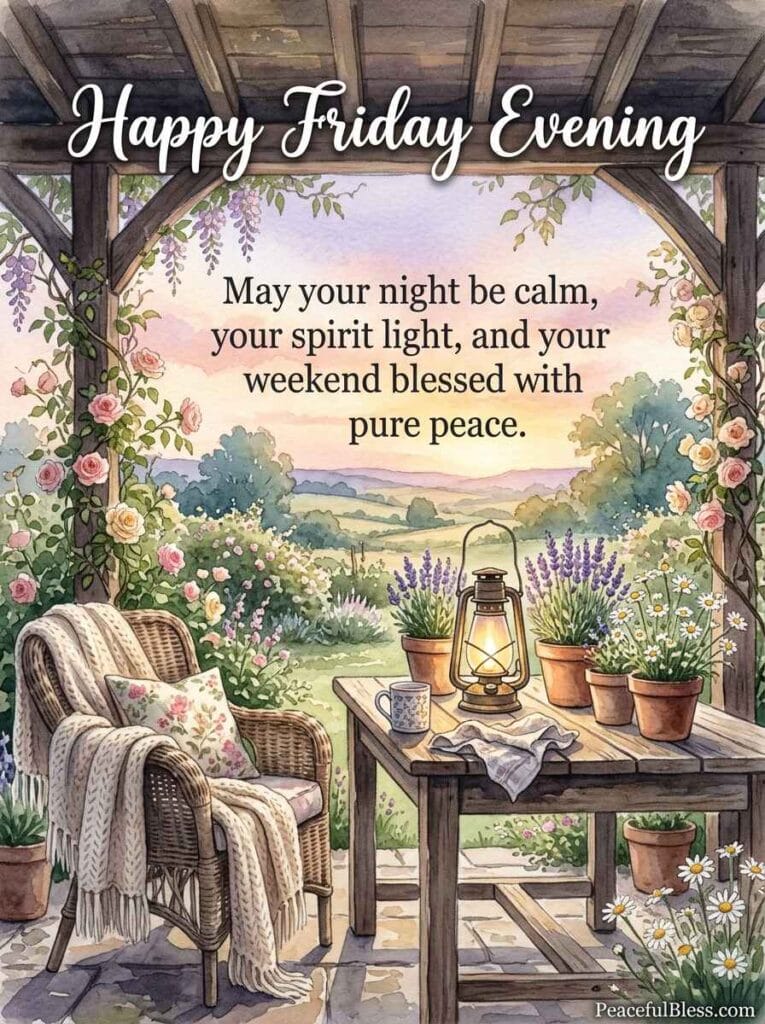 A cheerful watercolor illustration of a rustic wooden porch table set with a glass lantern and purple lavender under a peach twilight sky.