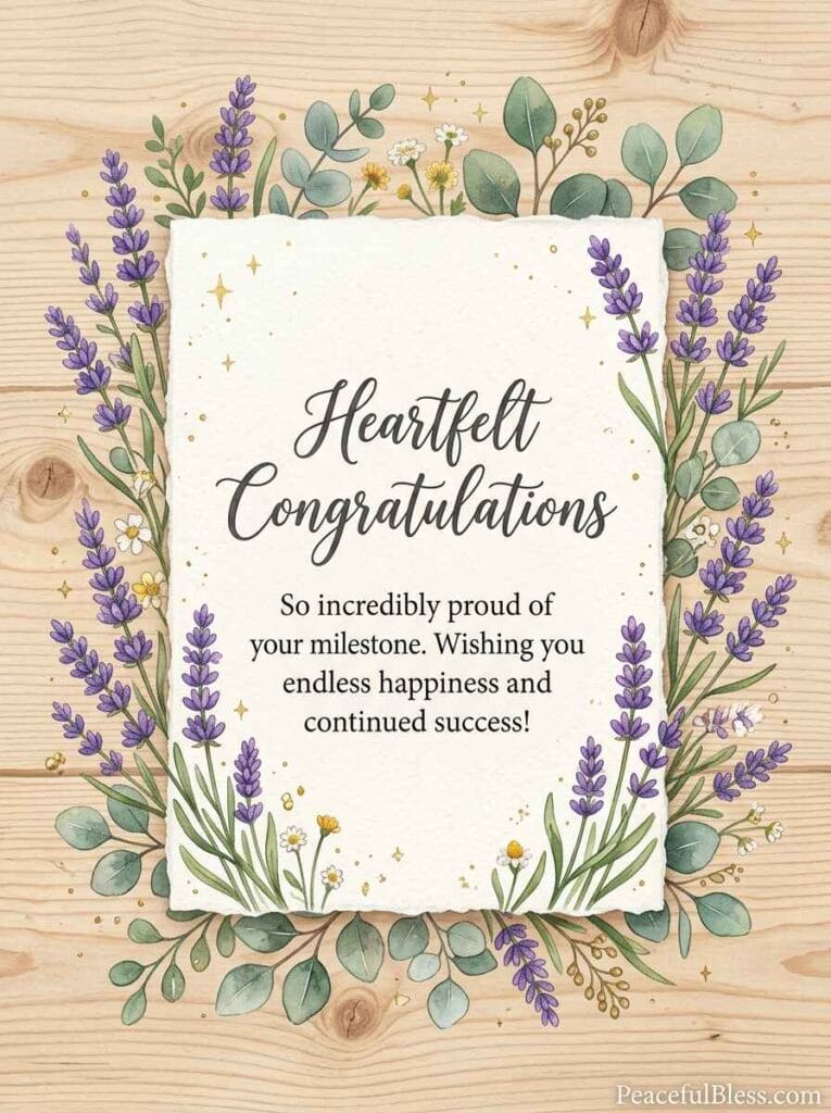 A clean watercolor flat lay of a blank greeting card, dried lavender sprigs, and gold sparkles on a light wooden table.