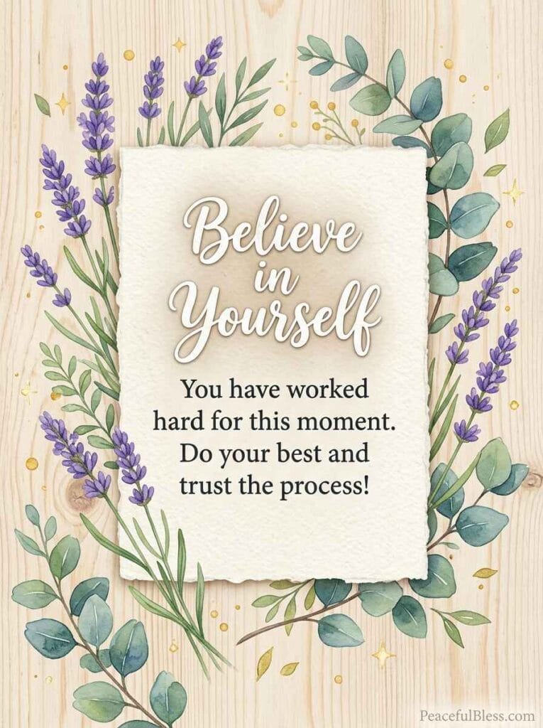 A clean watercolor flat lay of a blank note card, dried lavender sprigs, and gold sparkles on a light wooden table.