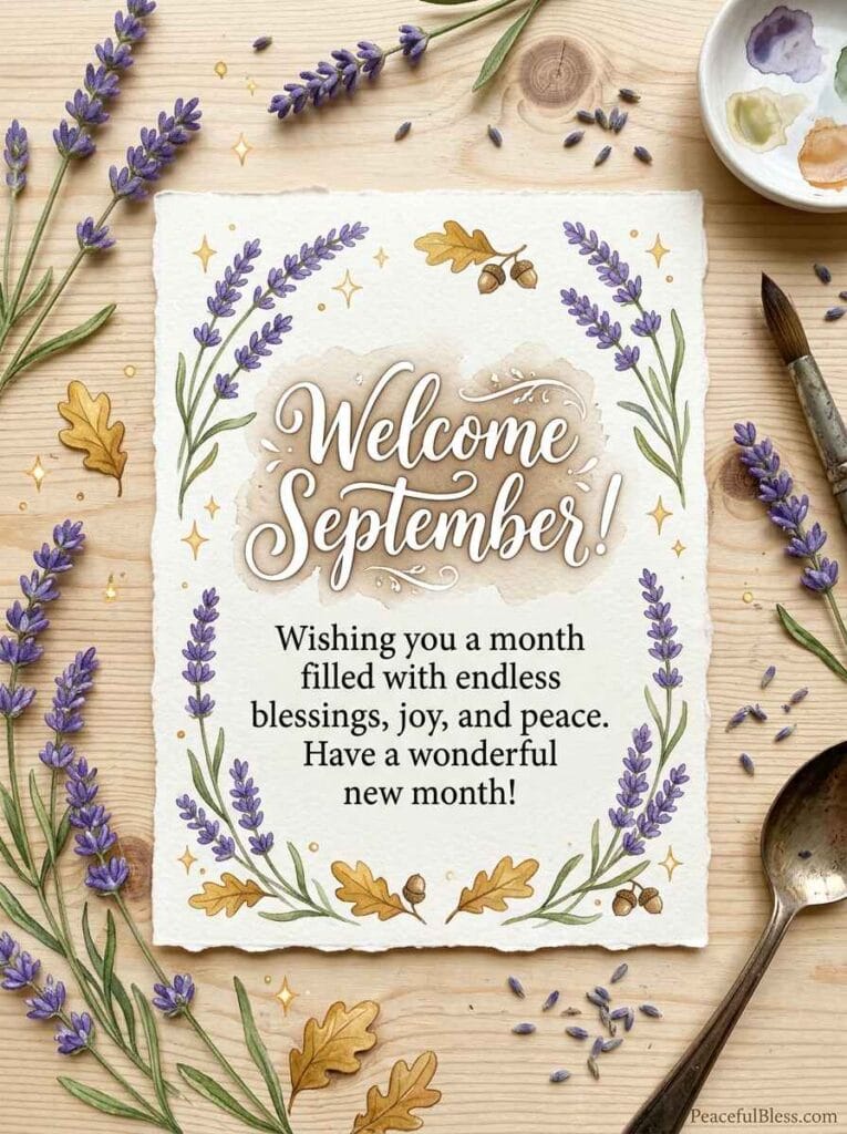 A clean watercolor flat lay of a handmade card, dried lavender sprigs, autumn leaves, and gold sparkles on a light wooden table.