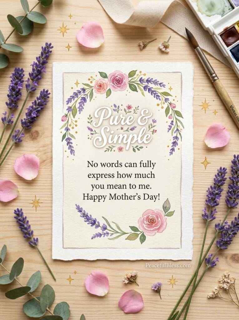 A clean watercolor flat lay of a handmade card, dried lavender, and gold sparkles on a light wooden table.
