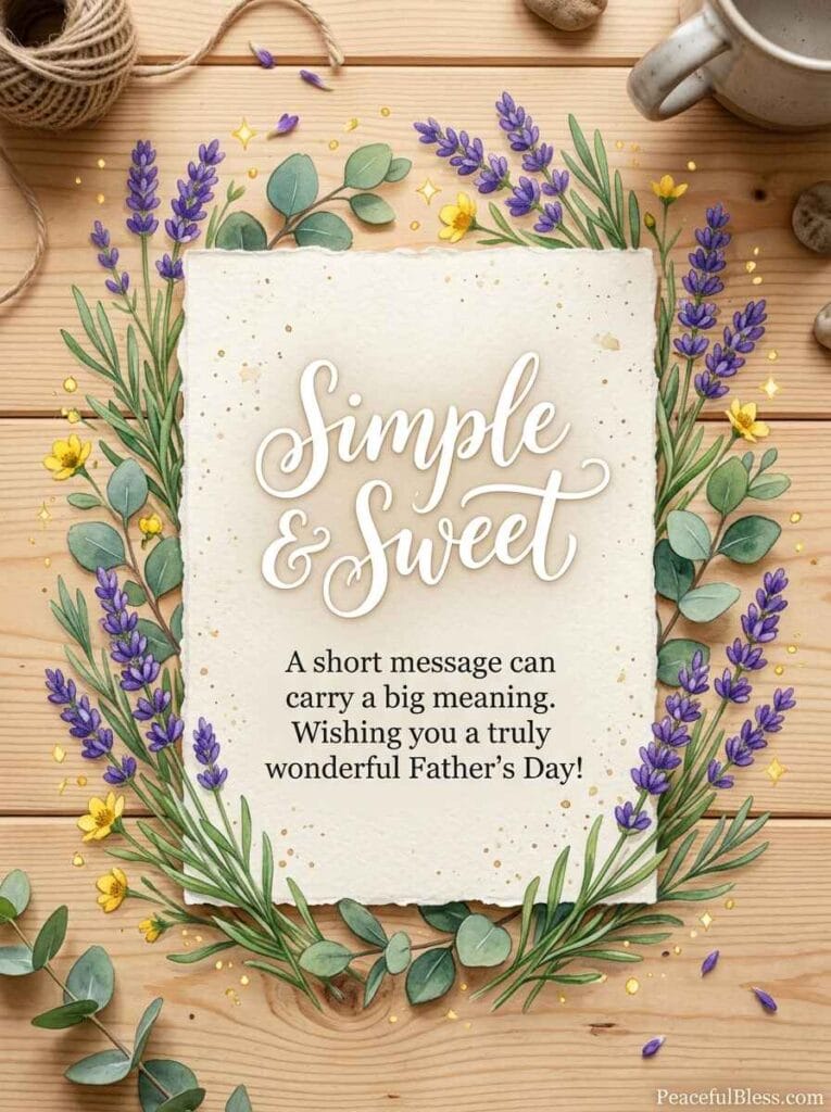 A clean watercolor flat lay of a handmade card, dried lavender sprigs, and gold sparkles on a light wooden table.