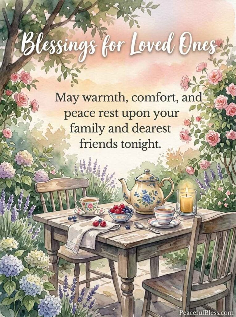 A lighthearted watercolor painting of a charming garden tea setup with mismatched teacups under a soft peach sunset sky.