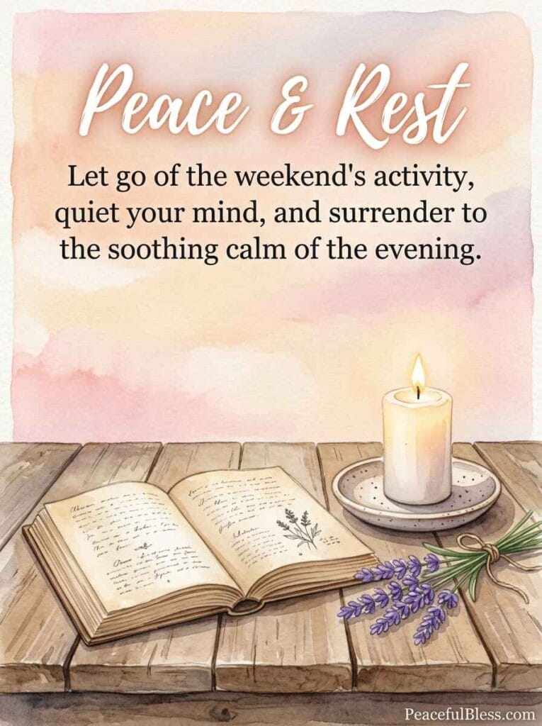A delicate watercolor painting of an open vintage book, a lit candle, and lavender sprigs on a table under a pastel peach and pink sky.