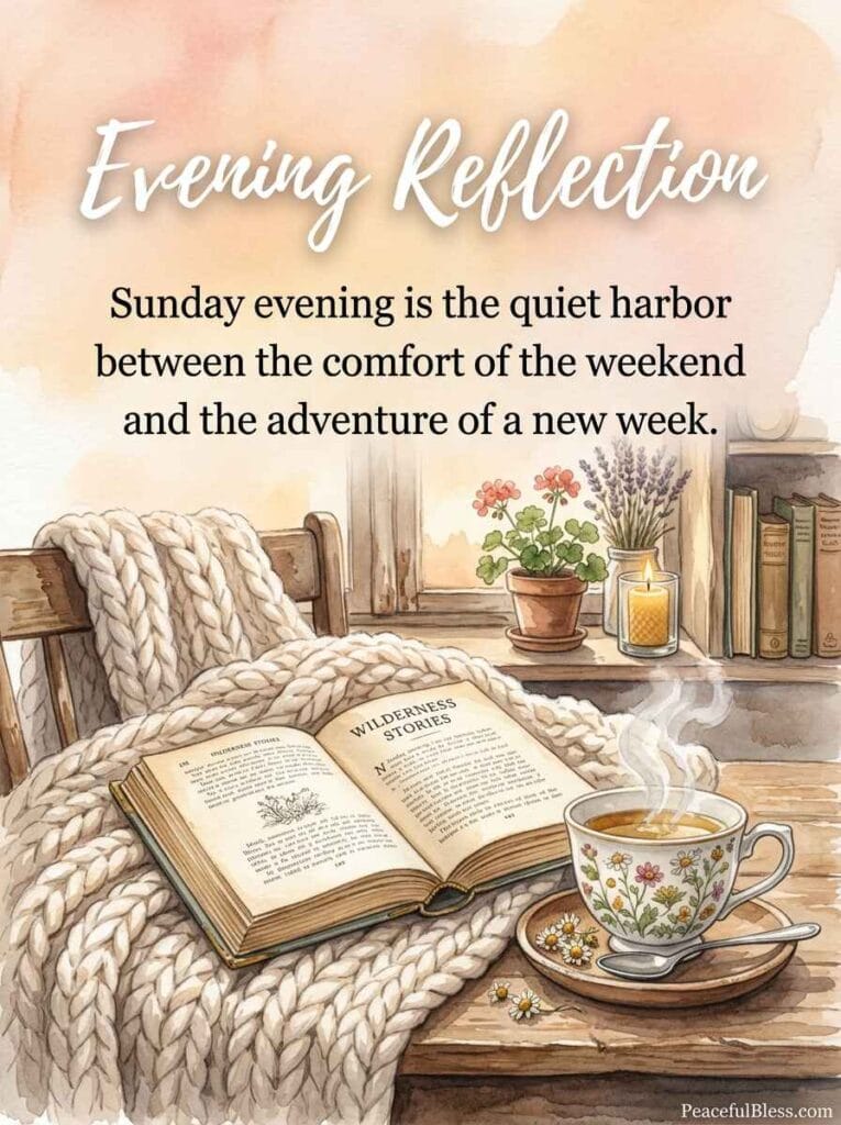 A cozy watercolor illustration of an open vintage book lying next to a warm cup of herbal tea on a soft knitted blanket.`