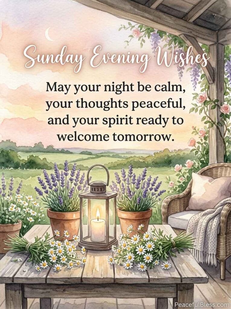 A cheerful watercolor illustration of a rustic wooden porch table set with a glass lantern and purple lavender under a peach twilight sky.