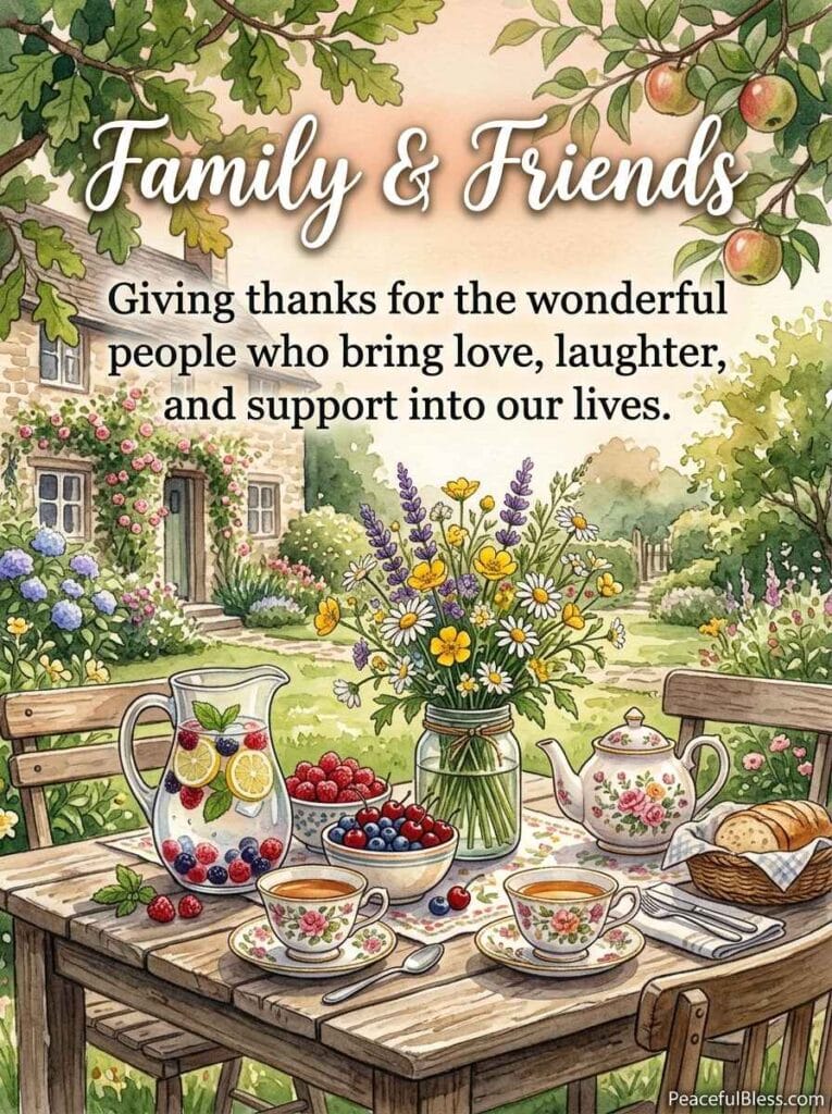 A heartwarming watercolor image of an outdoor garden table set with teacups, fresh berries, and lavender under soft sunlight.
