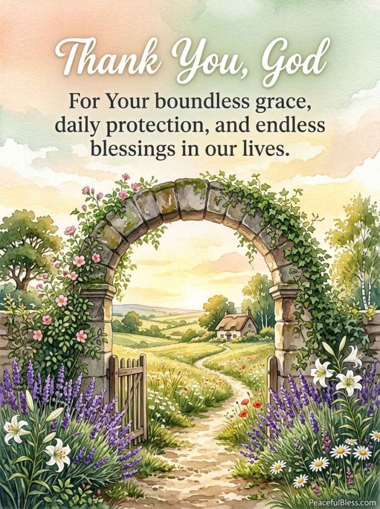 A serene watercolor illustration of an open stone archway leading to a calm sunlit garden filled with lavender at dawn.