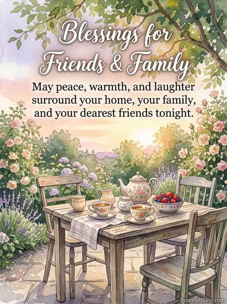 A lighthearted watercolor painting of a charming garden tea setup with mismatched teacups under a soft peach sunset sky.