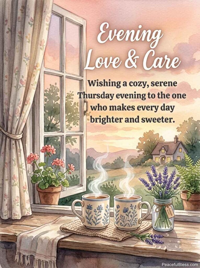 A romantic cottagecore watercolor painting of two warm mugs and lavender sprigs on a windowsill facing a peach twilight sky.