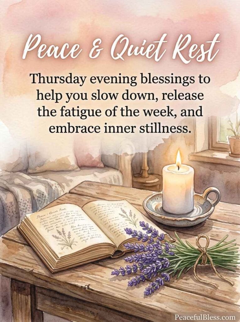 A delicate watercolor painting of an open vintage book, a lit candle, and lavender sprigs on a table under a pastel peach and pink sky.