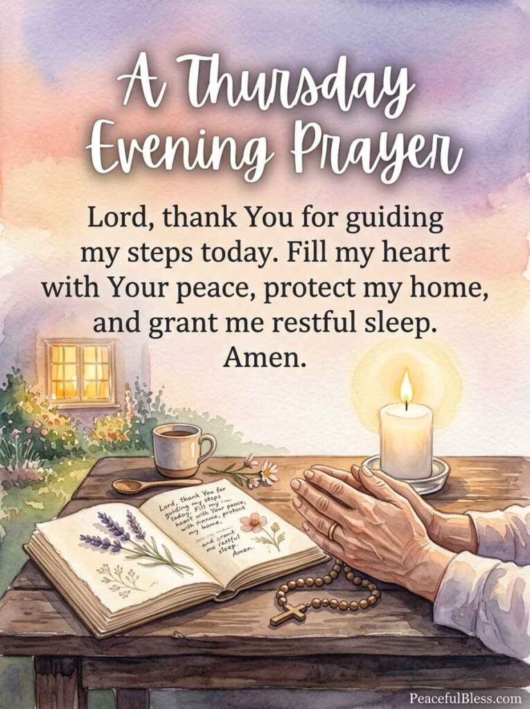 A deeply peaceful watercolor illustration of folded hands beside an open journal and a glowing candle under a pastel twilight sky.