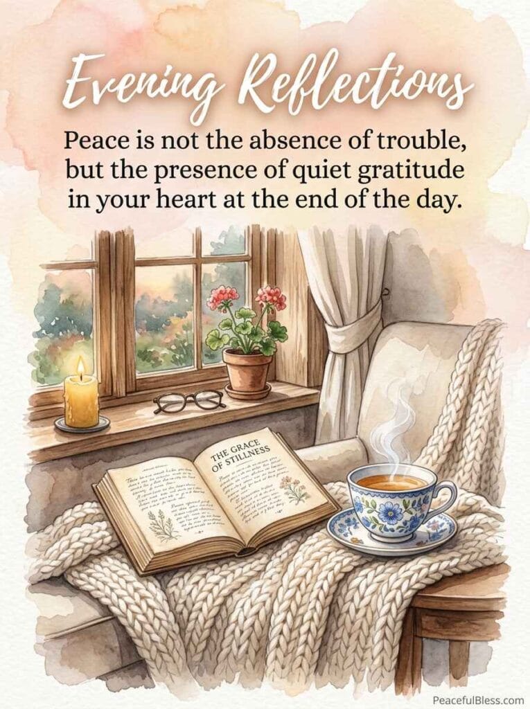 A cozy watercolor illustration of an open vintage book lying next to a warm cup of herbal tea on a soft knitted blanket.