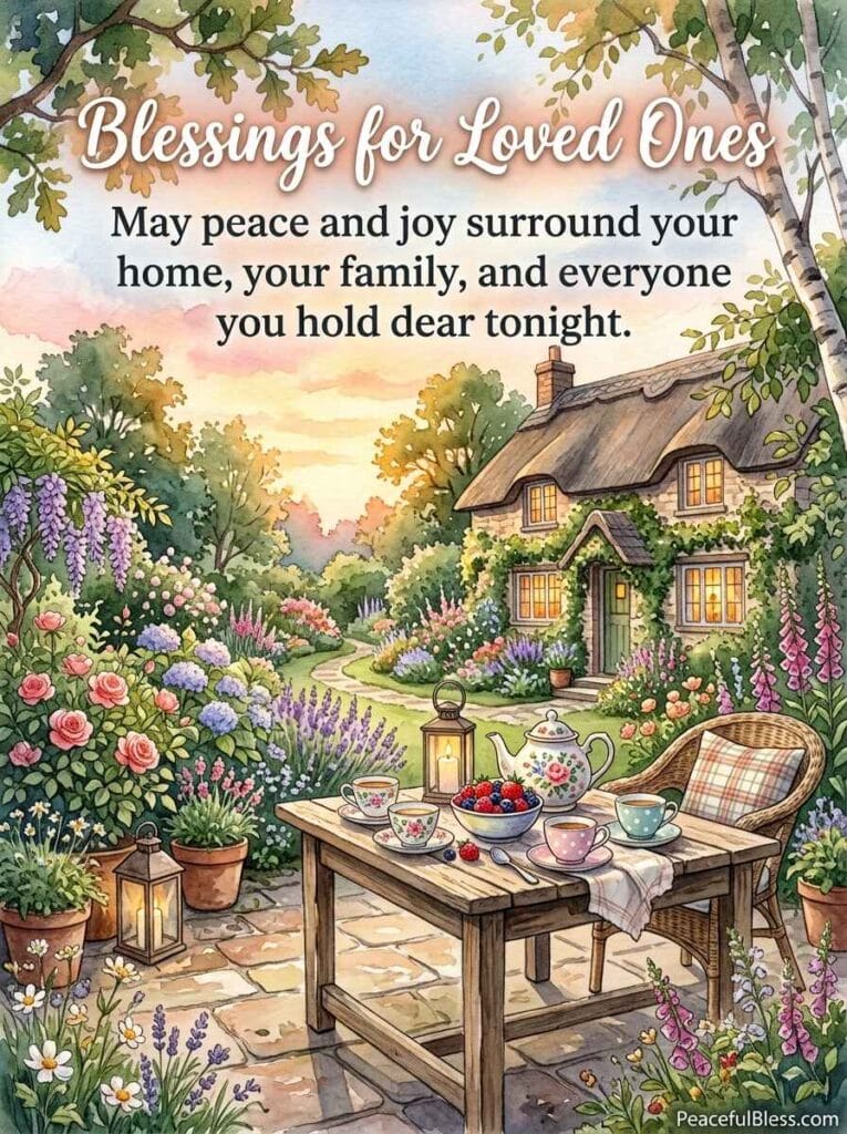 A lighthearted watercolor painting of a charming garden tea setup with mismatched teacups under a soft peach sunset sky.