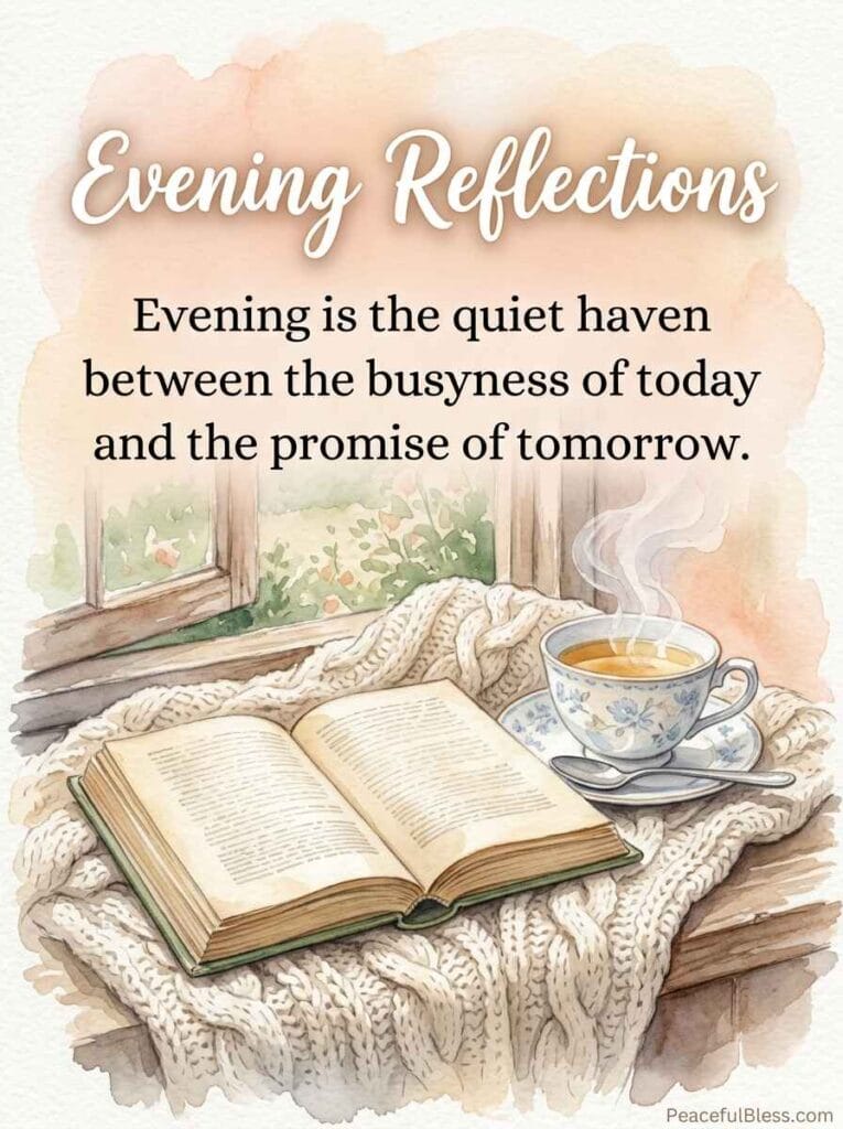 A cozy watercolor illustration of an open vintage book lying next to a warm cup of herbal tea on a soft knitted blanket.