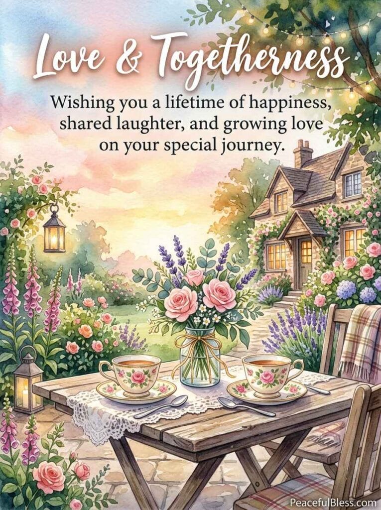 A dreamy watercolor illustration of two floral teacups, pink roses, and lavender on a garden table at golden sunset.