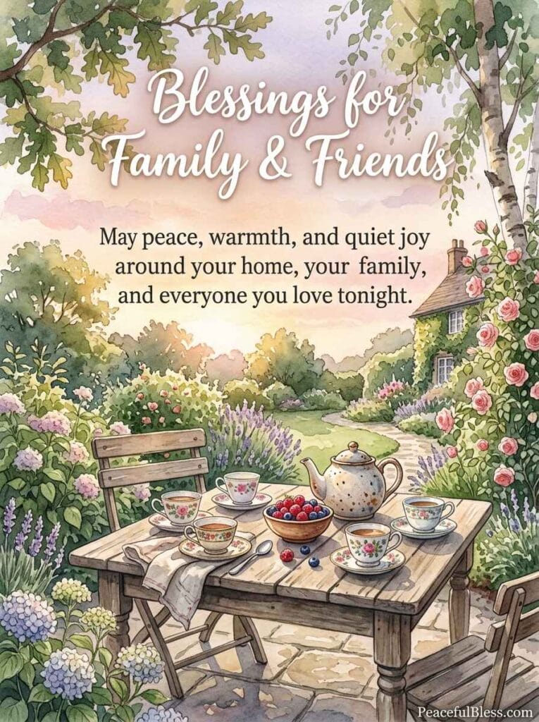 A lighthearted watercolor painting of a charming garden tea setup with mismatched teacups under a soft peach sunset sky.