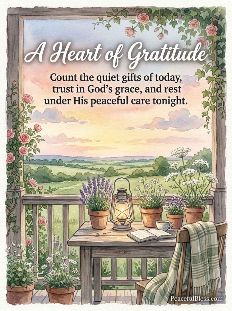 A rustic glass lantern burning softly on a patio table surrounded by potted lavender under a soft pastel sunset sky.