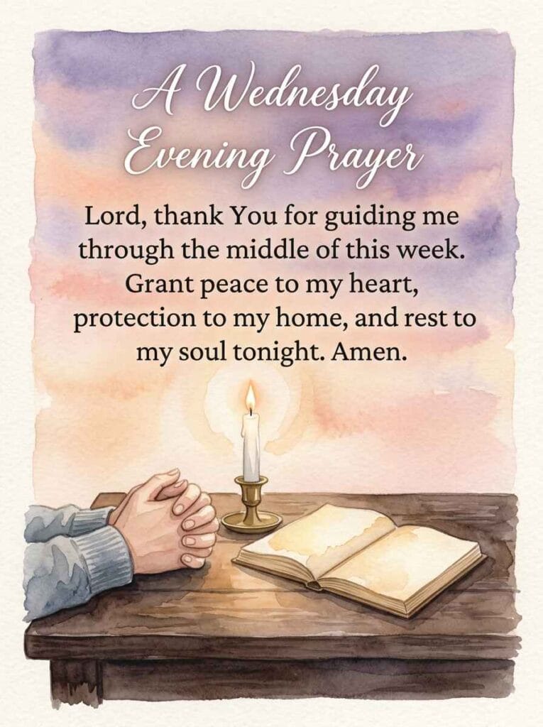 A deeply peaceful watercolor illustration of folded hands beside an open journal and a glowing candle under a pastel twilight sky.