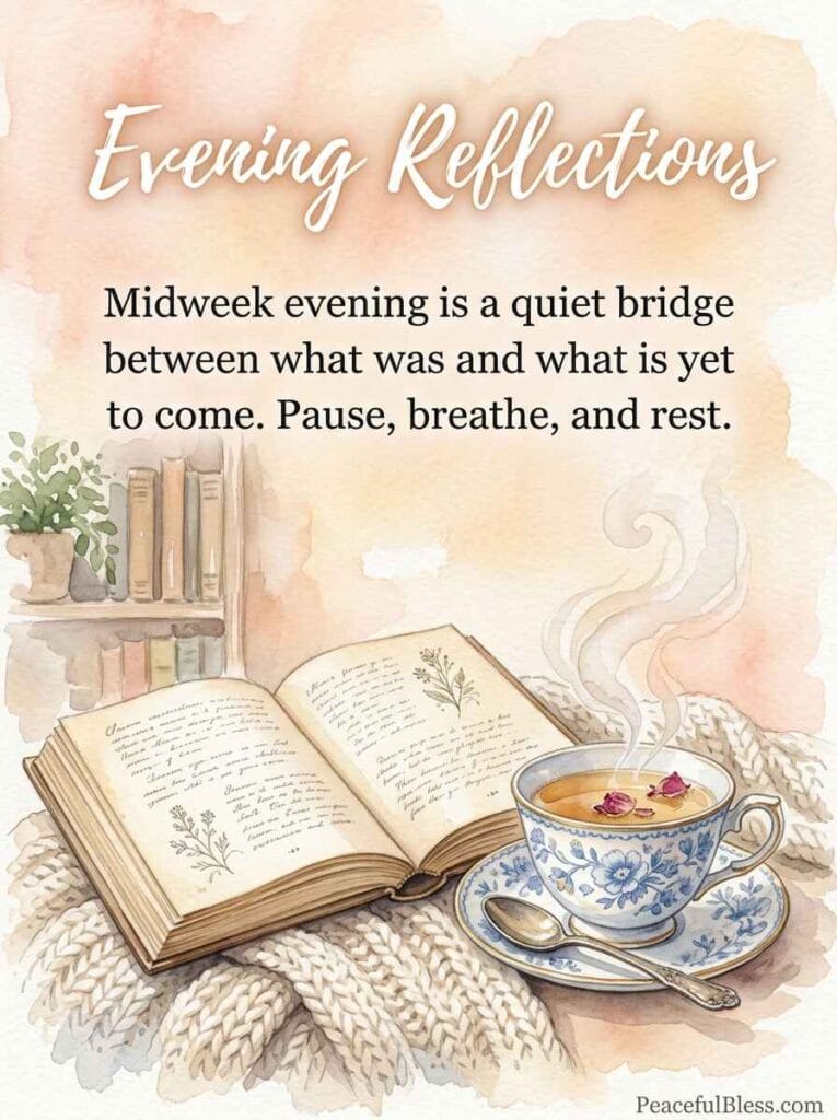 A cozy watercolor illustration of an open vintage book lying next to a warm cup of herbal tea on a soft knitted blanket.