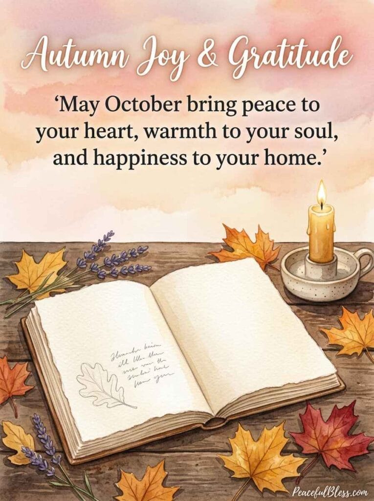 A heartwarming watercolor painting of an open journal, a lit candle, autumn maple leaves, and lavender sprigs on an oak table under warm light.