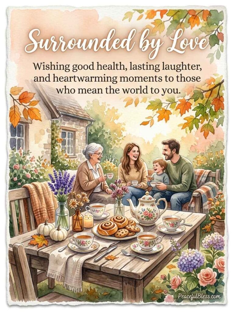 A heartwarming watercolor image of a picnic table set with teacups, baked treats, mini pumpkins, and lavender under soft autumn sunlight.