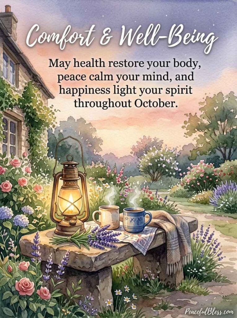 A comforting watercolor painting of a glowing lantern, two warm ceramic mugs, and lavender on a stone porch step at twilight.