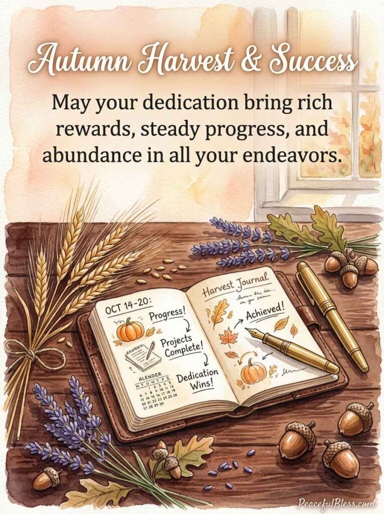 A sturdy watercolor image of a leather planner, brass pen, golden autumn wheat, and acorns on an oak desk under warm light.