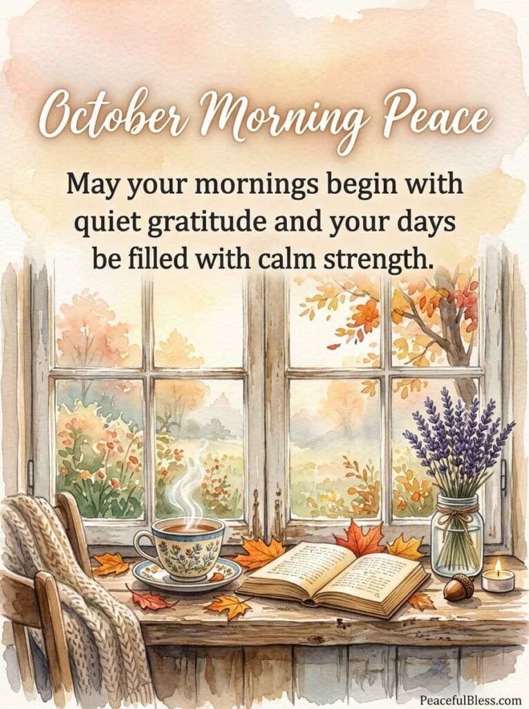 A cozy cottagecore watercolor illustration of a sunny window sill with a teacup, an open book, autumn leaves, and lavender in morning sunlight.