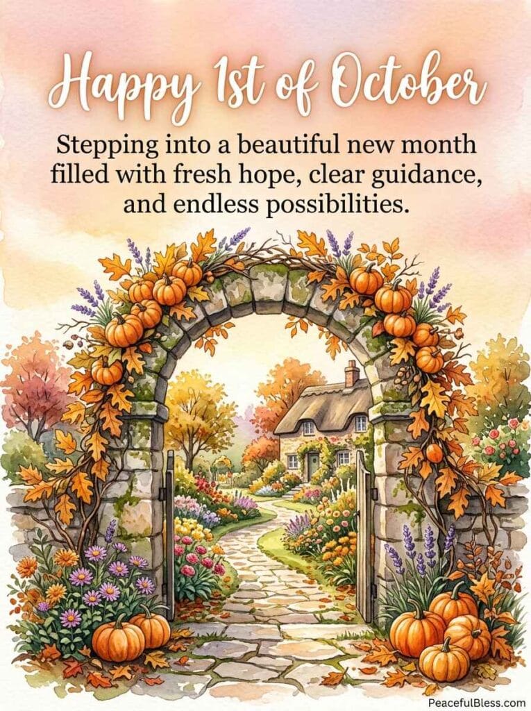A serene watercolor painting of an open stone garden archway decorated with mini pumpkins, oak leaves, and lavender leading to a morning meadow on October 1st.